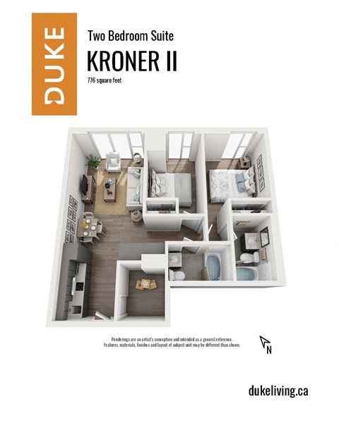 Floor plan for 2 beds, 2 baths, 776 sqft